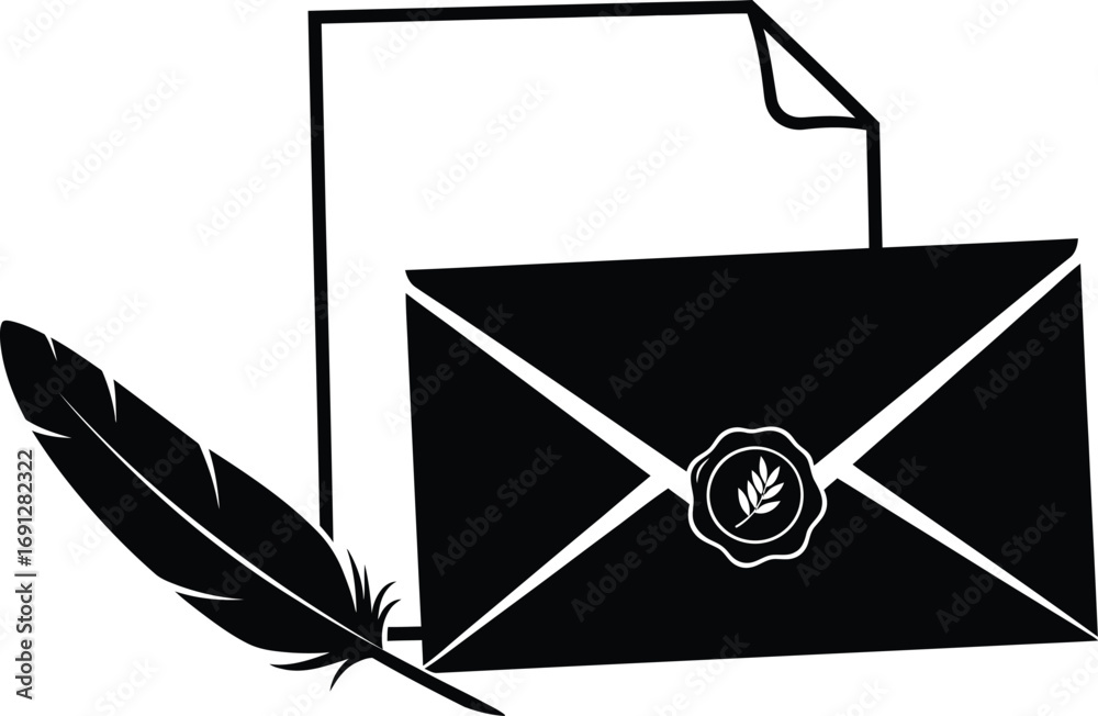 Illustration of a letter, envelope, feather quill, and a wax seal, all in black and white.