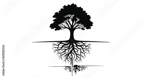 Silhouette of a strong tree with intricate roots, symbolizing growth and connection.