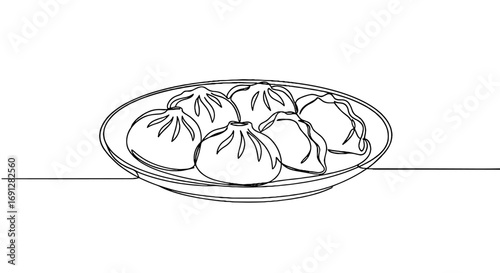 Plate of dumplings in a minimalist line art style on white background  