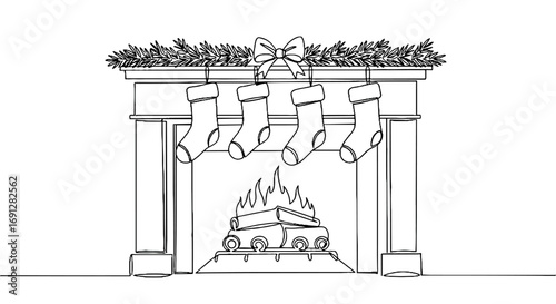Line art outline icon of fireplace with stockings on mantel, transparent background  