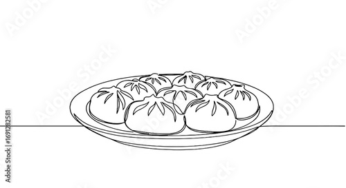 Line art outline icon of dumplings on a plate with transparent background  