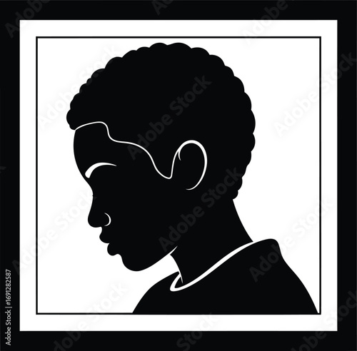 Silhouette of a young person with curly hair, looking down, in a black and white square frame.
