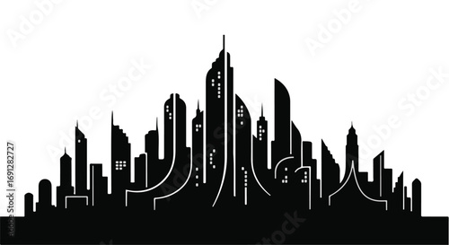 Sleek modern city skyline silhouette with futuristic architectural designs against a white background.