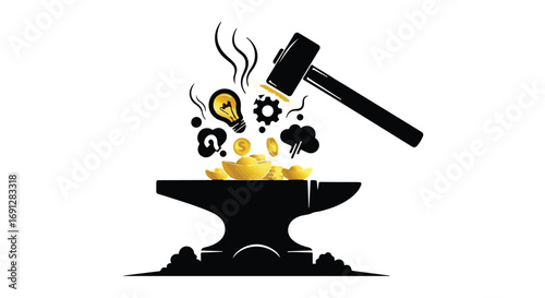 Hammer striking anvil creating golden ideas and opportunities