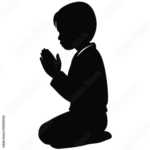 Boy Praying on White Background Silhouette Vector