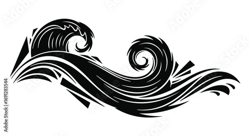 Dynamic black and white tribal wave design with sharp, angular accents.