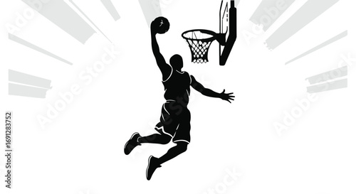 Dynamic silhouette of a basketball player soaring for a powerful slam dunk
