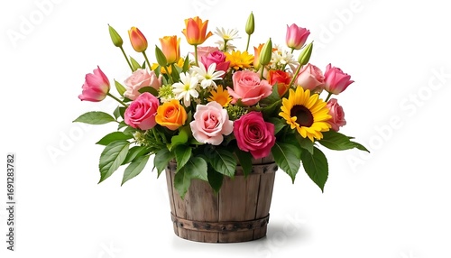 A Vibrant Springtime Bouquet of Fresh Flowers in a Rustic Wooden Bucket Perfect for Any Occasion