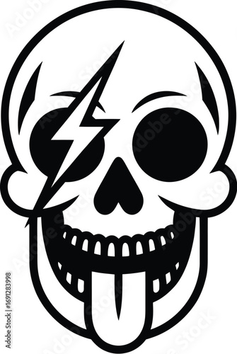 Bold Black and White Skull Illustration with Lightning Bolt and Punk Aesthetic