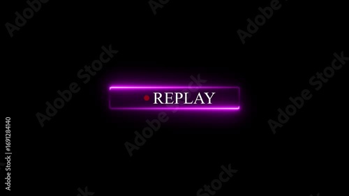Neon purple replay button with red dot on black background glowing