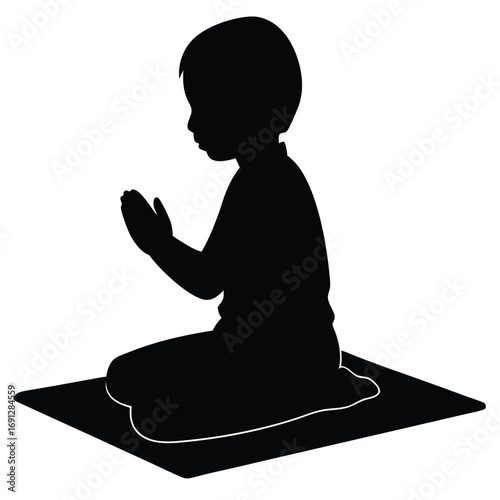 Boy Sitting on Mat Praying Silhouette Vector