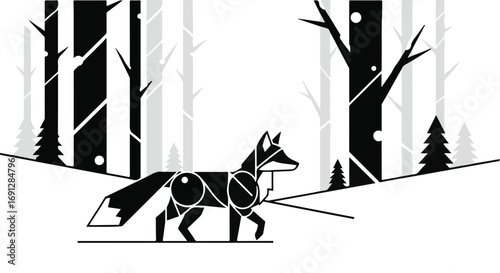Geometric fox walks through a stylized winter forest with black and white trees.