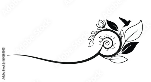 Elegant flourish with delicate floral elements and a soaring bird, symbolizing growth and freedom.
