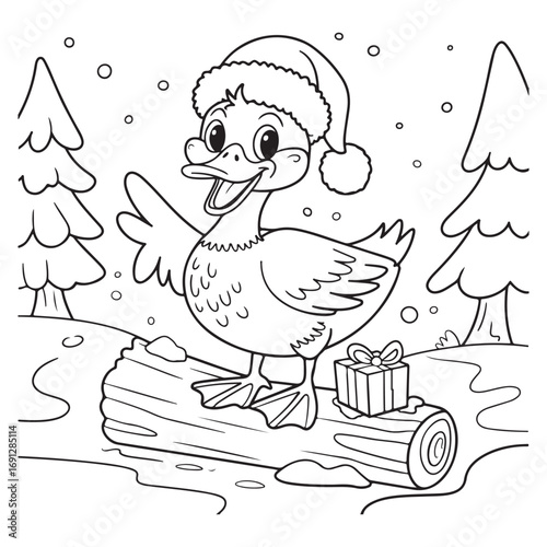 Cute Duck Coloring Pages with Black
 and white vector illustration
