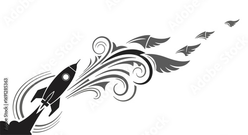 Rocket launch with stylized smoke trails and wing motifs symbolizing progress and ascent.