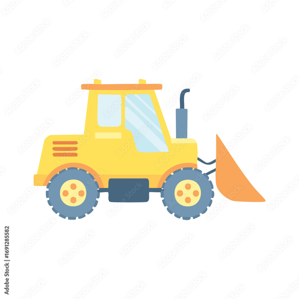 Fototapeta premium A yellow bulldozer isolated on a plain backdrop. The machine is depicted in a simple, illustrative style