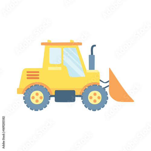 A yellow bulldozer isolated on a plain backdrop. The machine is depicted in a simple, illustrative style