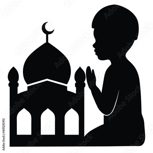 Boy Praying with Mosque Dome Behind Vector