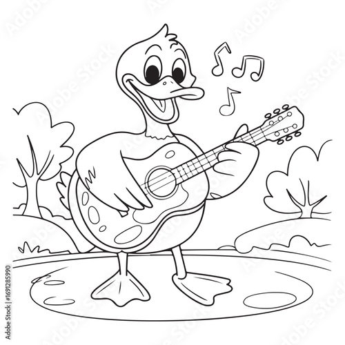 Cute Duck Coloring Pages with Black
 and white vector illustration	