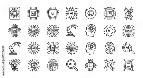Collection of Artificial Intelligence (AI) and technology line icons, including microchips, robot arm, and brain on an isolated transparent background