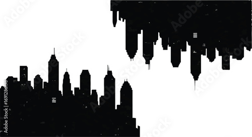 Abstract cityscape silhouettes, a modern urban panorama viewed from above and below.