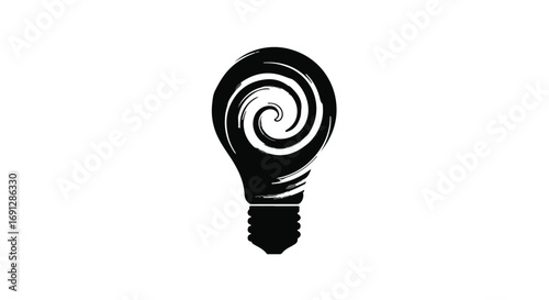 Black ink brush stroke swirl inside a light bulb on white background, symbolizing creativity and innovation.