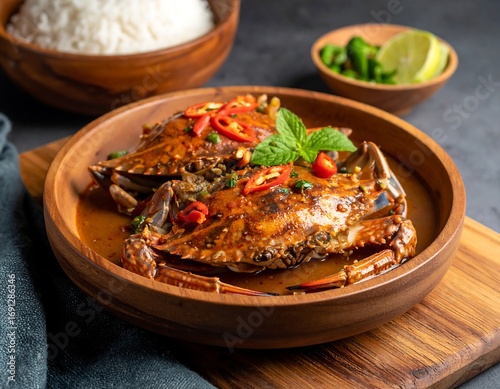 Delicious Singapore chili crabs served in a wooden bowl with rice and fresh ingredients