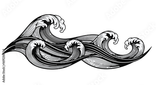 Dynamic ocean waves in a dramatic, vintage illustration style