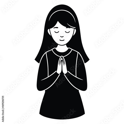 Girl Praying with Open Hands Vector Illustration