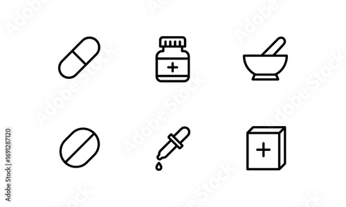 Minimalist pharmacy and medicine icons set for healthcare designs