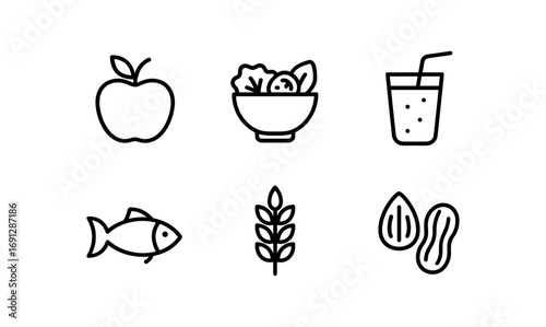 Minimalist black and white food icons set for healthy living design