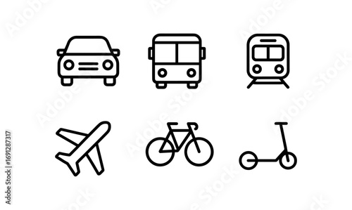 Simple linear icons of various modes of transportation