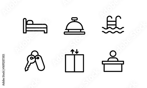 Simple hotel icon set: hospitality items in minimal line style