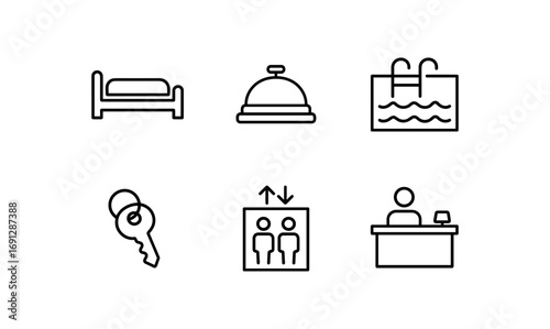 Minimalist hotel icons: bed, bell, pool, key, elevator, reception desk