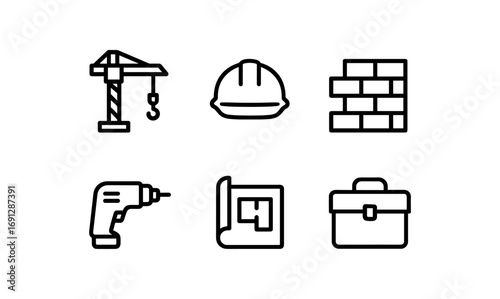 Construction tools and equipment line icons set