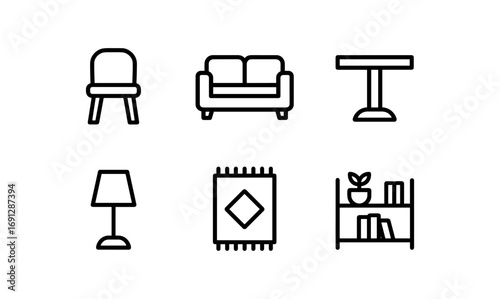 Minimalist furniture icons: linear design of home interior essentials
