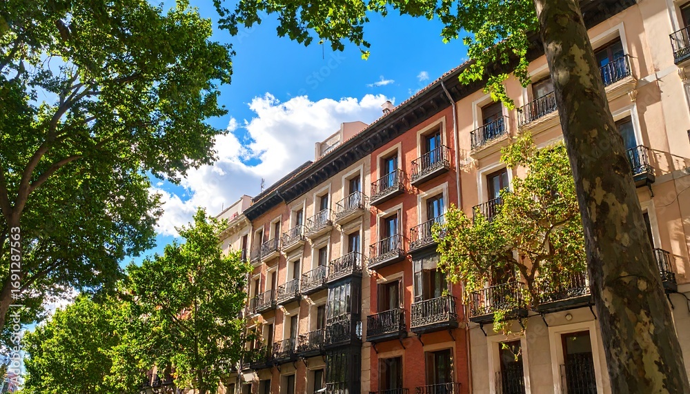 Naklejka premium European city street with apartment buildings and lush trees