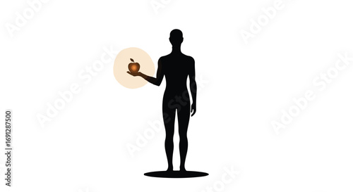 Silhouette of a person offering a glowing apple, symbolizing temptation or choice.