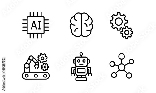 Linear icons of ai technology and robotics: brain, chip, gear, robot, network