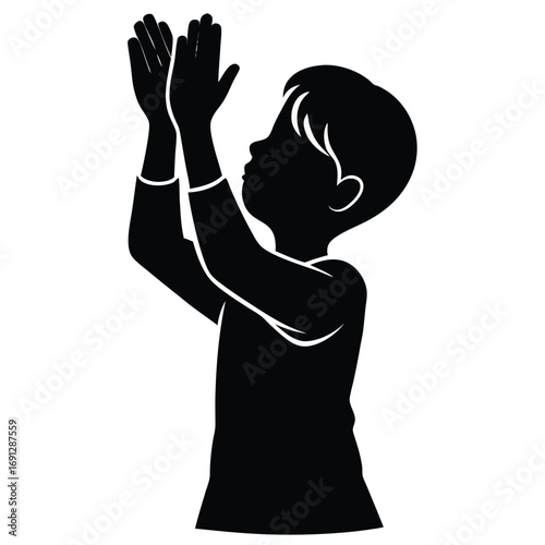 Boy Praying with Hands Raised to Sky Vector