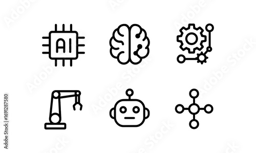 Minimalist ai and robotics icons featuring brain, chip, and robot arm designs