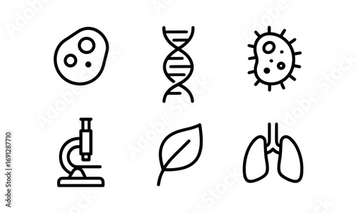 Line icons of scientific research: dna, microscope, cell, bacteria, leaf, lungs