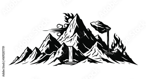 Dramatic mountain range with waterfall, fire, and wind effects in striking black and white illustration