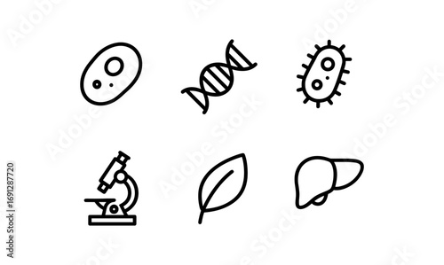 Simple science icons: cell, dna, microscope, bacterium, leaf, liver