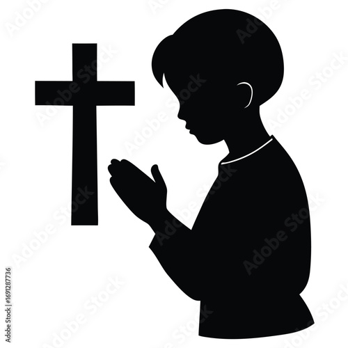 Boy Praying in Front of Cross Silhouette Art