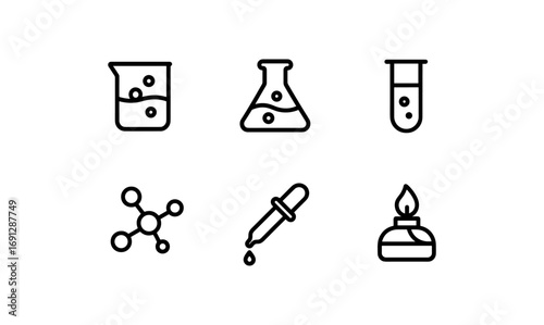 Minimalist laboratory icons: beaker, flask, test tube, molecule, pipette, burner
