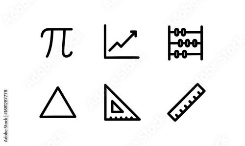 Mathematics icons set: abacus, graph, geometric shapes, and rulers in linear style