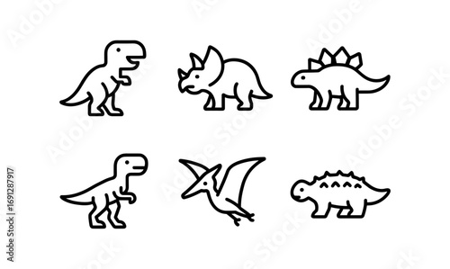 Dinosaur line art icons featuring t-rex, triceratops, stegosaurus, and more