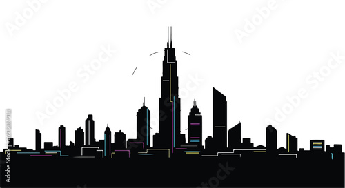 Modern city skyline silhouette at dusk with colorful illuminated windows