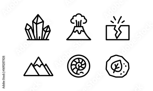 Linear icons of nature elements: crystals, volcano, earthquake, mountains, fossil, leaf